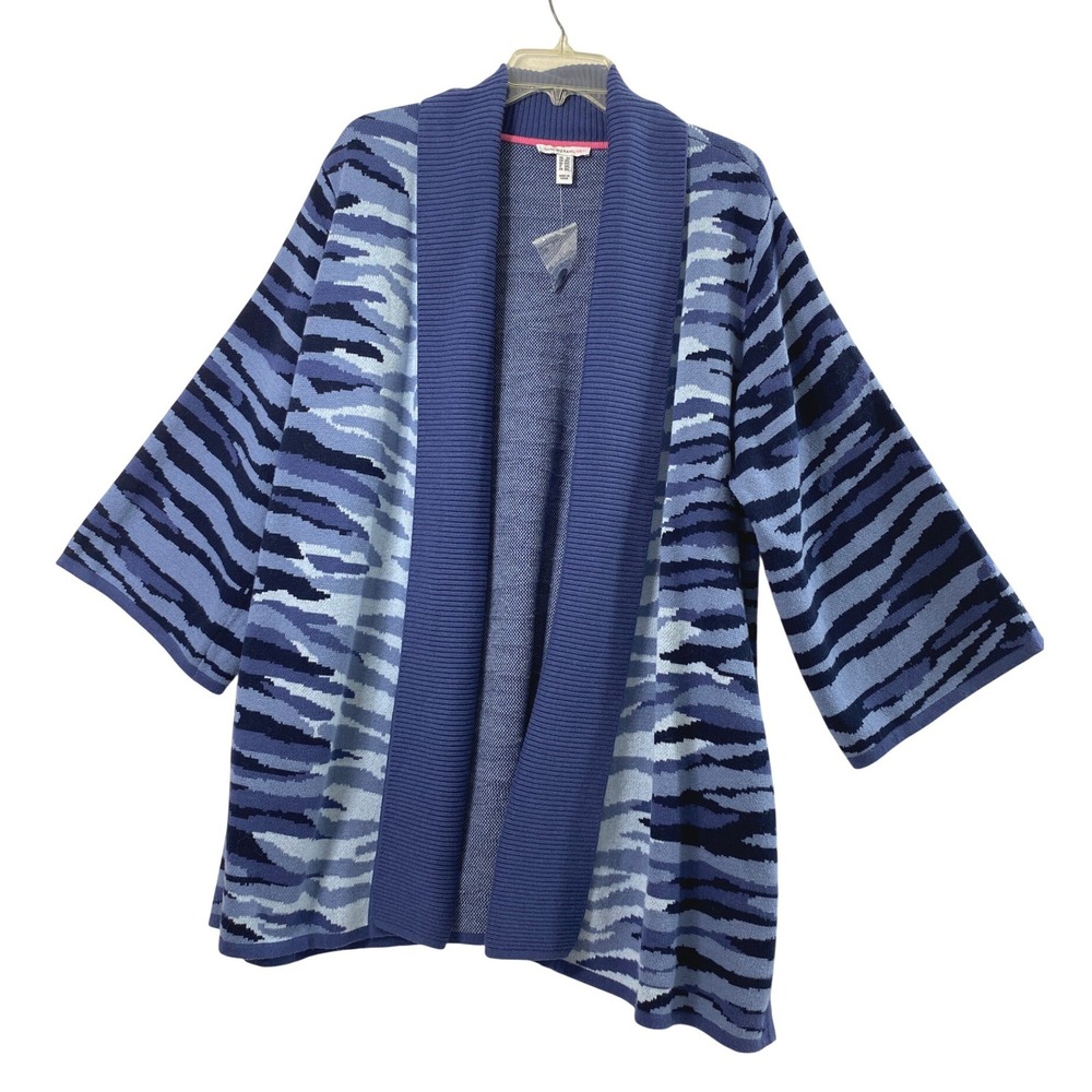Isaac Mizrahi Cardigan Womens Plus 2X Blue Tiger Print Open Front Knit Sweater